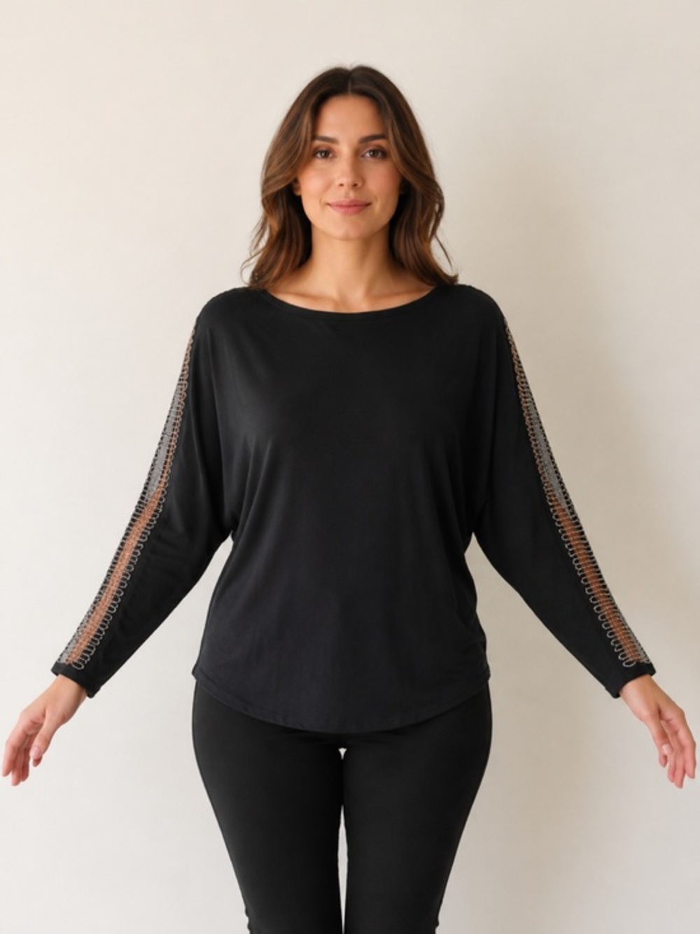 Jennifer Lopez M Black Dolman Sleeve Mesh Cutout Rhinestone Top